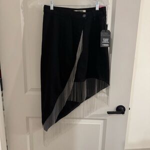 Women's Black Asymmetrical Fringe Skirt with Silver Trim
